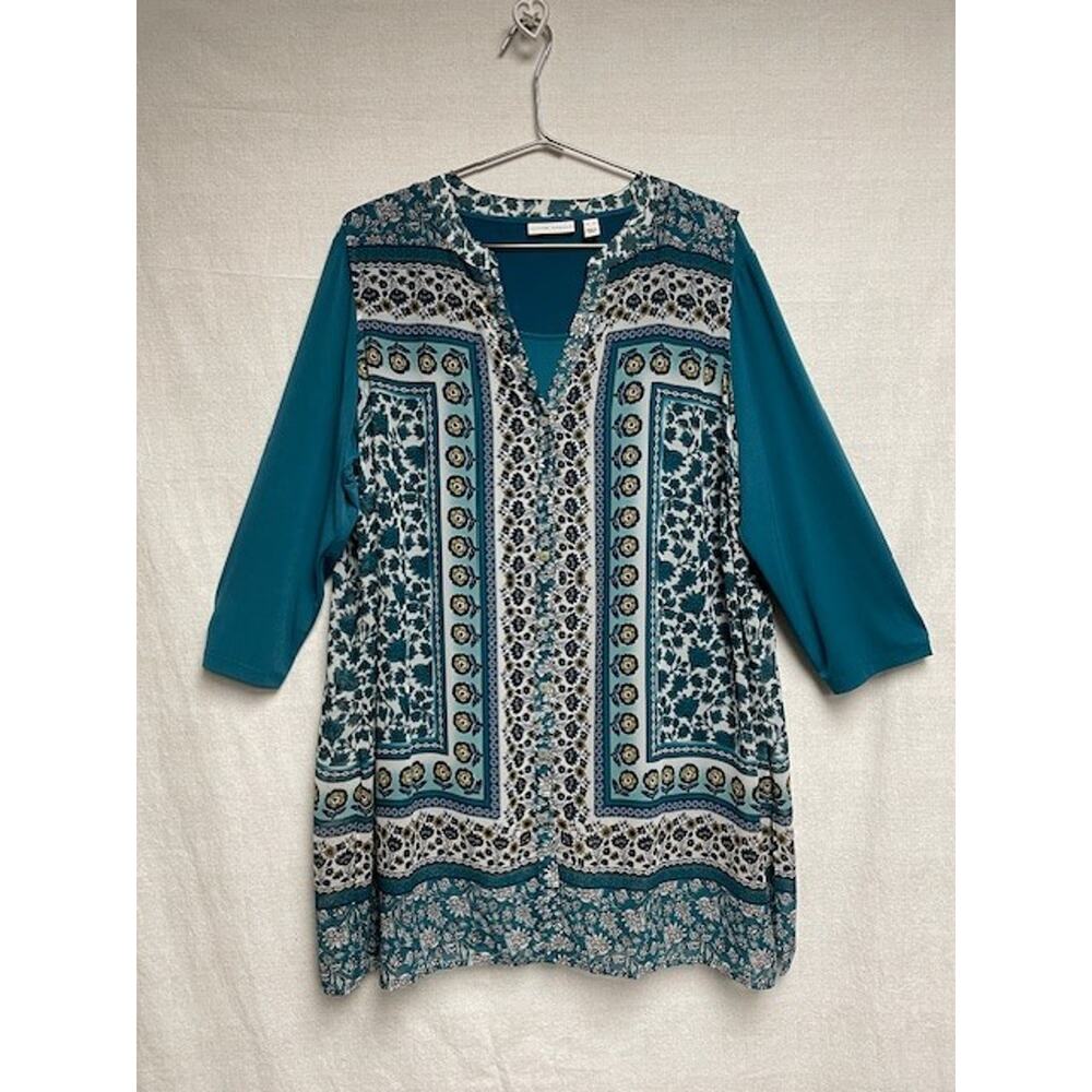 Susan Graver 2 Piece Liquid Knit Teal Women's Top With Chiffon Overlay - Size XL